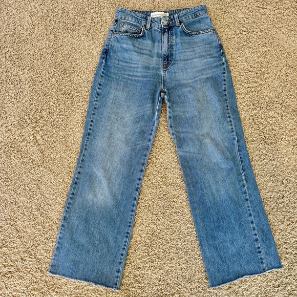 Stradivarius Denim - Stradivarius Light Wash Blue Straight Wide Leg High Rise Raw Hem Jeans Size 4